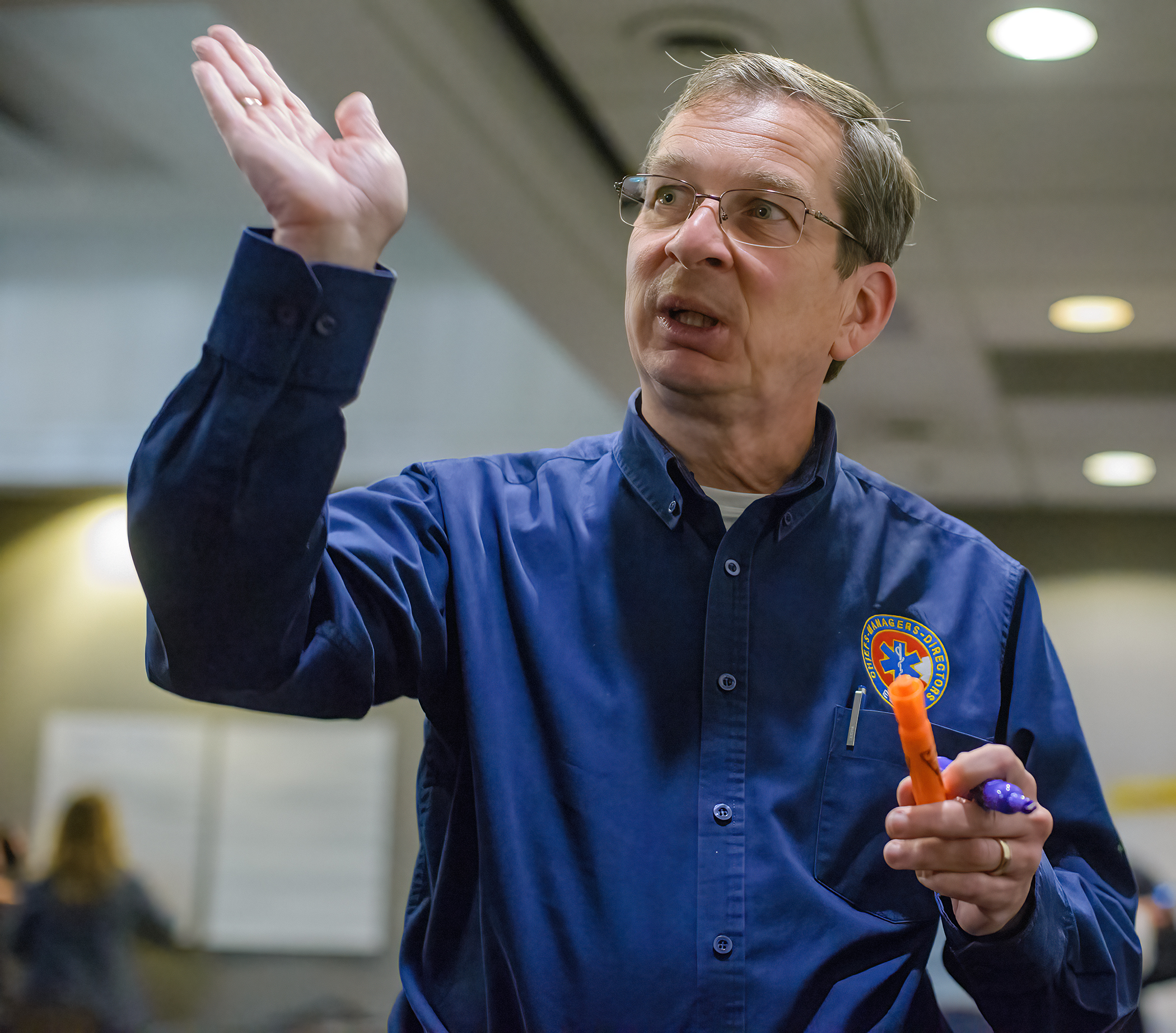 Paramedic Sean Caffrey, CEO of Crested Butte F.P.D. emphasizes a point during the discussion about a potential EMS leadership class.